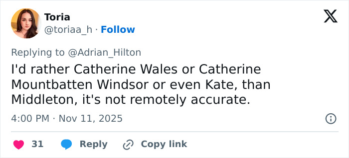 Tweet highlighted in a social media backlash over BBC headline involving Princess Kate and name accuracy debate.