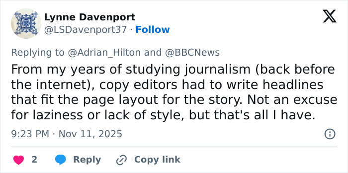 Tweet from Lynne Davenport discussing journalism and headline writing amid a massive Princess Kate backlash and BBC headline change.