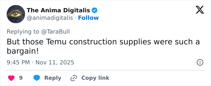 Tweet text mentioning Temu construction supplies as a bargain in response to a Twitter user, posted by The Anima Digitalis. Tweet text mentioning Temu construction supplies as a bargain in response to a Twitter user, posted by The Anima Digitalis.