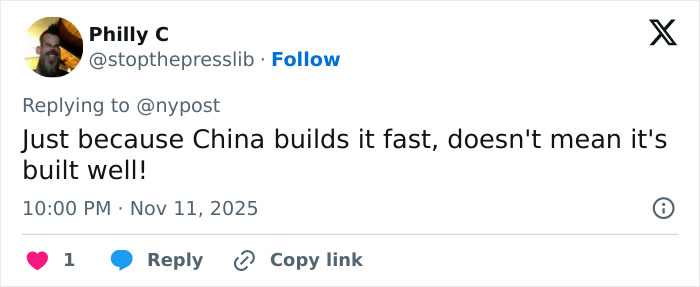 Tweet criticizing China's ambitious bridge collapsing into dust just months after opening, highlighting concerns about build quality. Tweet criticizing China's ambitious bridge collapsing into dust just months after opening, highlighting concerns about build quality.