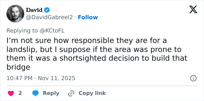 Tweet about landslip risks and shortsighted decisions related to building China's ambitious new bridge months after opening. Tweet about landslip risks and shortsighted decisions related to building China's ambitious new bridge months after opening.