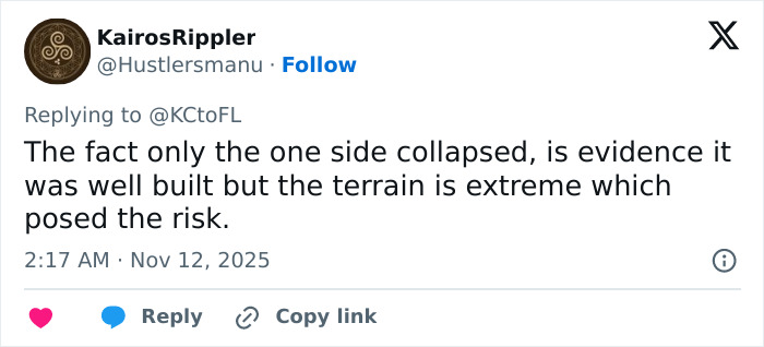 Comment discussing the partial collapse of China’s ambitious bridge, highlighting terrain risks despite good construction. Comment discussing the partial collapse of China’s ambitious bridge, highlighting terrain risks despite good construction.