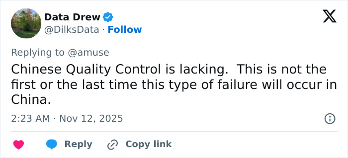 Screenshot of a tweet criticizing Chinese quality control amid an ambitious bridge collapsing into dust months after opening. Screenshot of a tweet criticizing Chinese quality control amid an ambitious bridge collapsing into dust months after opening.