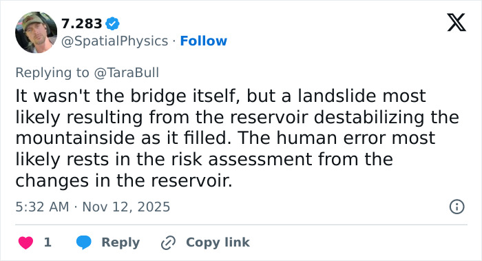 Screenshot of a tweet explaining that a landslide caused China’s ambitious bridge to collapse months after opening. Screenshot of a tweet explaining that a landslide caused China’s ambitious bridge to collapse months after opening.