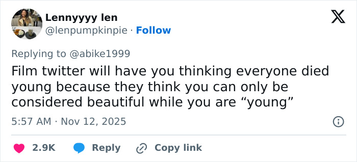 Tweet about film Twitter discussing perceptions of beauty and aging, highlighting reactions to Audrey Hepburn actually aging.