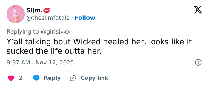 Screenshot of a tweet expressing concern that Ariana Grande&rsquo;s Wicked role is sucking the life out of her.