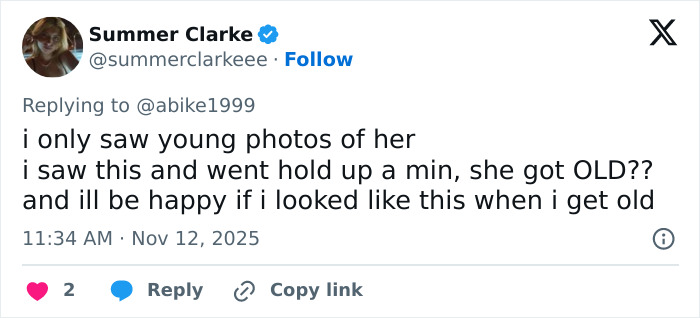 Tweet by Summer Clarke reacting to people realizing Audrey Hepburn actually aged, sparking wild online reactions.
