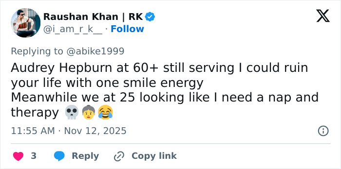 Tweet about Audrey Hepburn aging gracefully at 60+, highlighting reactions to her timeless charm and energy.