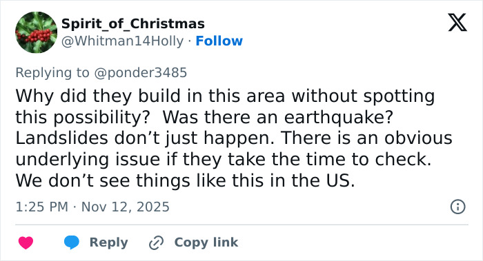 User tweet questioning construction decisions after a Chinese bridge collapse, highlighting concerns about landslides and safety. User tweet questioning construction decisions after a Chinese bridge collapse, highlighting concerns about landslides and safety.