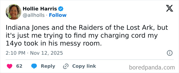 Tweet by a parent humorously describing the challenge of finding a charging cord in a teenager’s messy room, highlighting funny tweets parents.