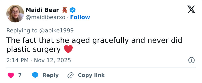 Tweet from Maidi Bear about Audrey Hepburn aging gracefully without plastic surgery, sparking wild reactions online.