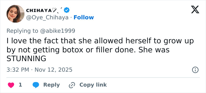 Tweet praising Audrey Hepburn for aging naturally without botox or filler, highlighting reactions to her appearance.