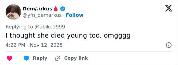 Twitter user reacting to the surprising news about Audrey Hepburn aging, with wild public reactions visible.