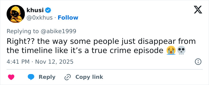 Tweet discussing how people suddenly disappear from timelines, comparing it to a true crime episode reaction.