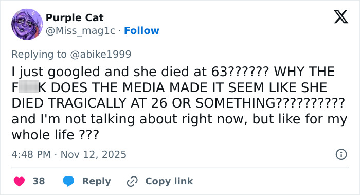 Tweet from user Purple Cat reacting to Audrey Hepburn aging revelation, expressing disbelief about her actual age at death.