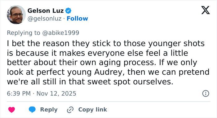 Social media comment discussing reactions to Audrey Hepburn aging and people preferring her younger images.