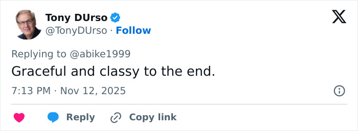 Profile image of Tony DUrso, replying to a tweet with a comment on Audrey Hepburn aging and public reactions.