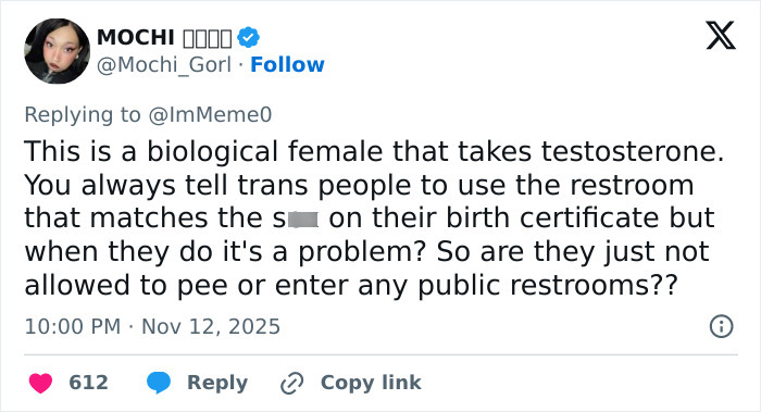 Tweet discussing a biological female taking testosterone and the debate over trans men in women&rsquo;s restrooms.