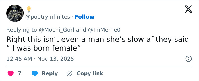 Tweet screenshot showing user debating a woman upset after seeing bearded trans man in women&rsquo;s restroom controversy.