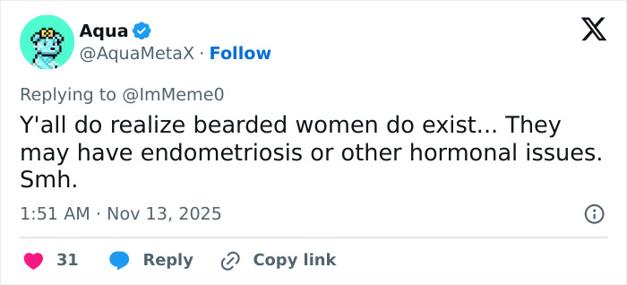 Twitter post discussing bearded women and hormonal issues amid debate on bearded trans man in women&rsquo;s restroom.