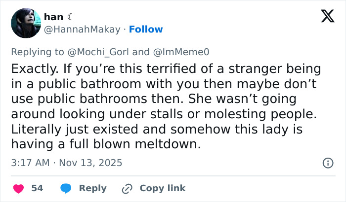 Tweet from han responding to public bathroom fears, debating a bearded trans man in women&rsquo;s restroom controversy.