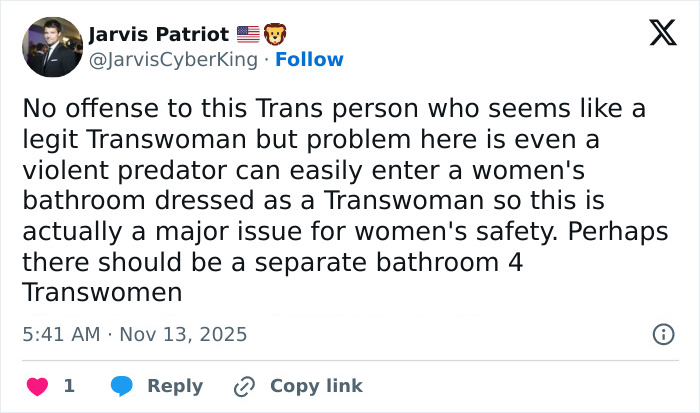 Tweet discussing concerns about bearded trans men in women&rsquo;s restrooms and the debate on women&rsquo;s safety and separate bathrooms.