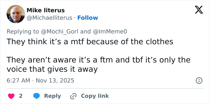 Tweet discussing confusion about bearded trans man in women&rsquo;s restroom, highlighting debate sparked by upset woman.