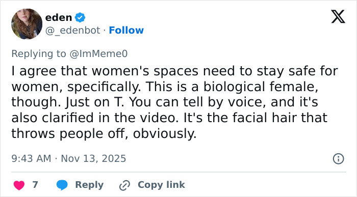 Twitter reply discussing a woman&rsquo;s concern about bearded trans man in women&rsquo;s restroom sparking debate on safe spaces.