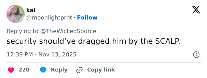 Twitter user replying to fan who attacked Ariana Grande at premiere, calling for security action and expressing backlash.