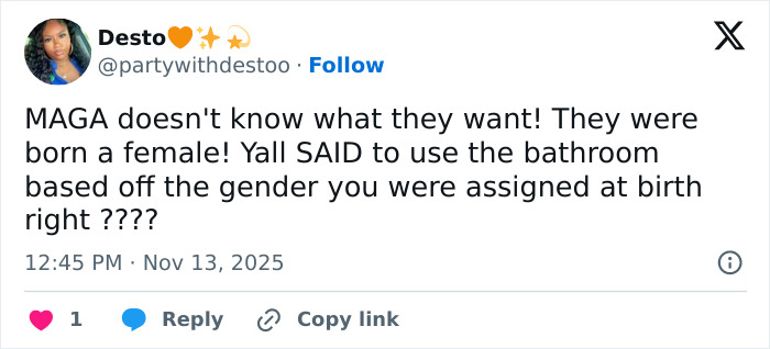 Tweet about debate on transgender rights and bathroom use, highlighting bearded trans man in women&rsquo;s restroom controversy.