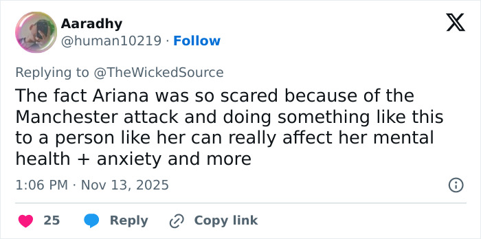 Screenshot of a tweet discussing the fan who attacked Ariana Grande at premiere and the impact on her mental health.
