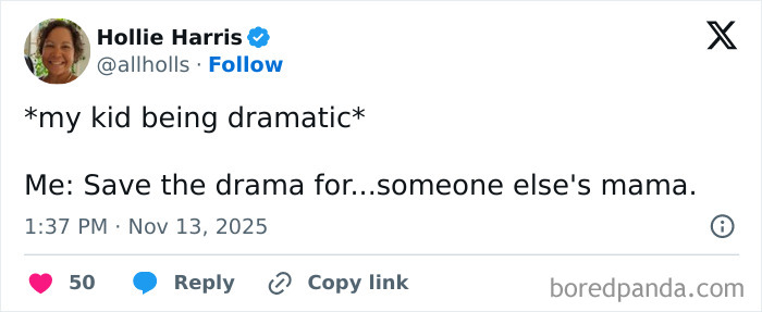 Parent's funny tweet about a dramatic child shared during quiet time, capturing humorous parenting moments.