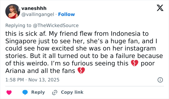 ALT text: Social media reaction to fan who attacked Ariana Grande at premiere causing backlash online and disappointment among fans.