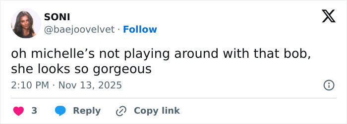 Twitter post praising Michelle Yeoh&rsquo;s bob hairstyle, highlighting her gorgeous look amid wasp nest outfit online reactions.