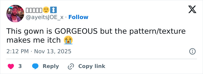 Tweet about Michelle Yeoh&rsquo;s wasp nest outfit at premiere, praising gown but critiquing pattern and texture causing itch.