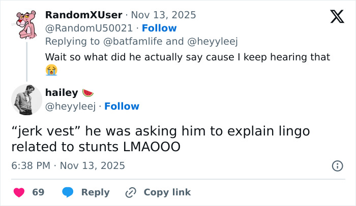 Twitter exchange about Glen Powell's viral blunder and Hollywood stunt lingo during an interview discussion.