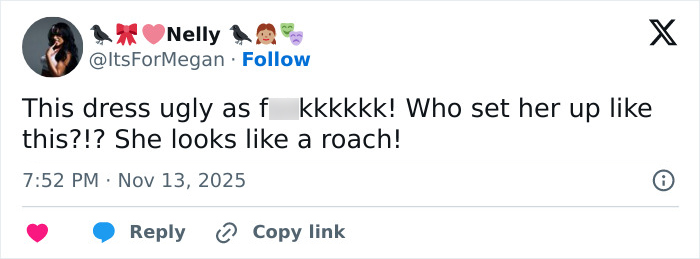 Screenshot of a social media post criticizing Michelle Yeoh&rsquo;s outfit at a premiere resembling a wasp nest.