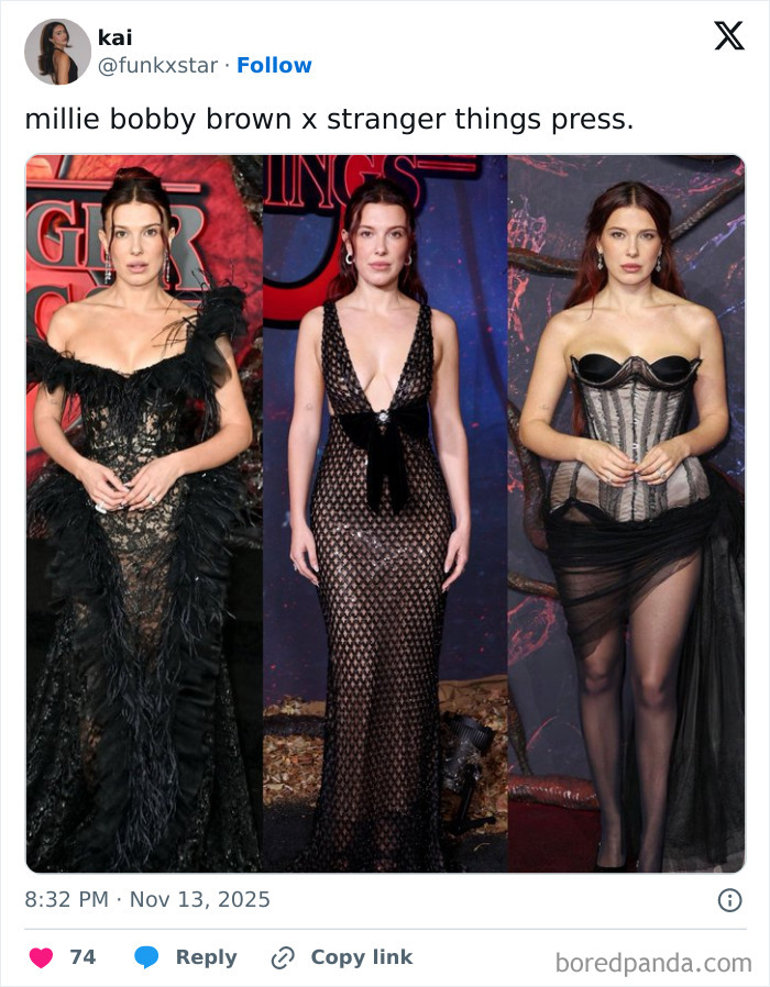 Three women in black lingerie with a train, posing on the red carpet at a Stranger Things event.
