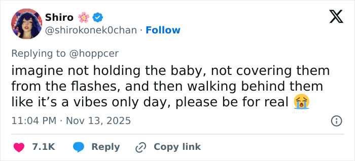 User criticizing Jake Bongiovi for not helping while Millie Bobby Brown protected their baby during flashes.