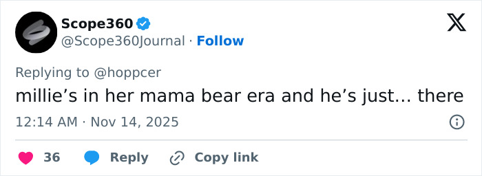 Tweet from Scope360 about Jake Bongiovi being criticized for not helping while Millie Bobby Brown protected their baby.