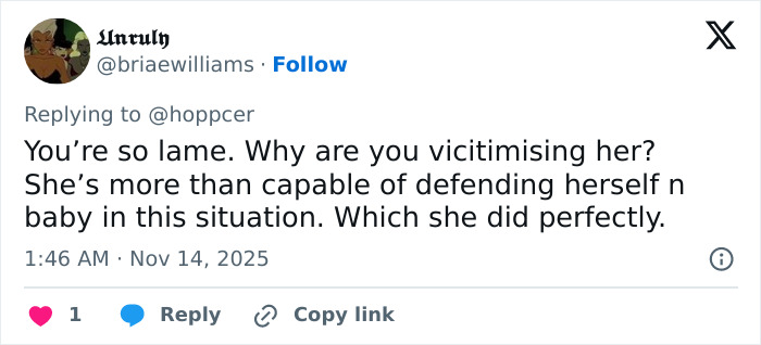 Tweet criticizing Jake Bongiovi for not helping while Millie Bobby Brown protected their baby during confrontation.