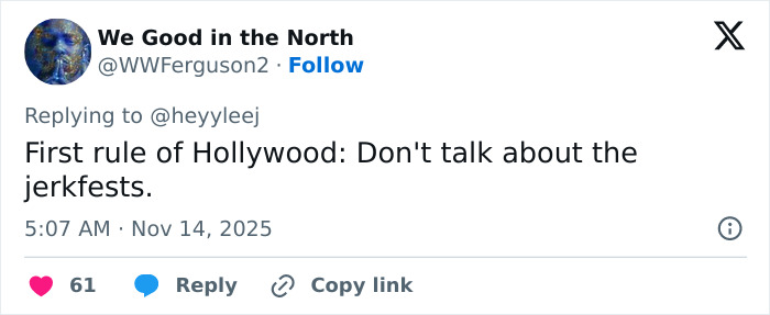 Tweet about Hollywood's dark side and Glen Powell's viral blunder during an interview, warning against certain topics.