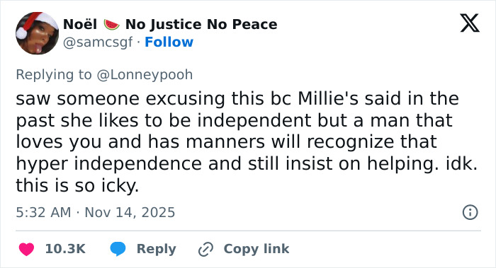 Tweet expressing mixed feelings about Millie Bobby Brown&rsquo;s independence and fans upset over her legal name change.