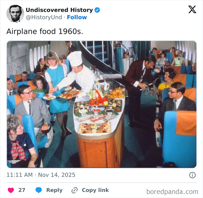 1960s airplane food service with passengers and flight attendants in vintage cabin, a fascinating photo revealing moments lost to time.