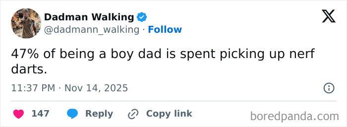 Tweet by Dadman Walking humorously reflecting on parenting, highlighting funny tweets parents posted during quiet time.