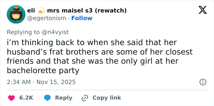 Tweet discussing Millie Bobby Brown's story and fans reacting to her dating Jake Bongiovi and social circle at her bachelorette party.
