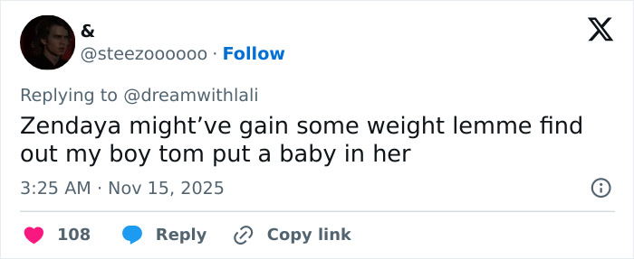 Tweet discussing rumors that Zendaya might be pregnant with Tom Holland, sparking fan speculation and online conversation.