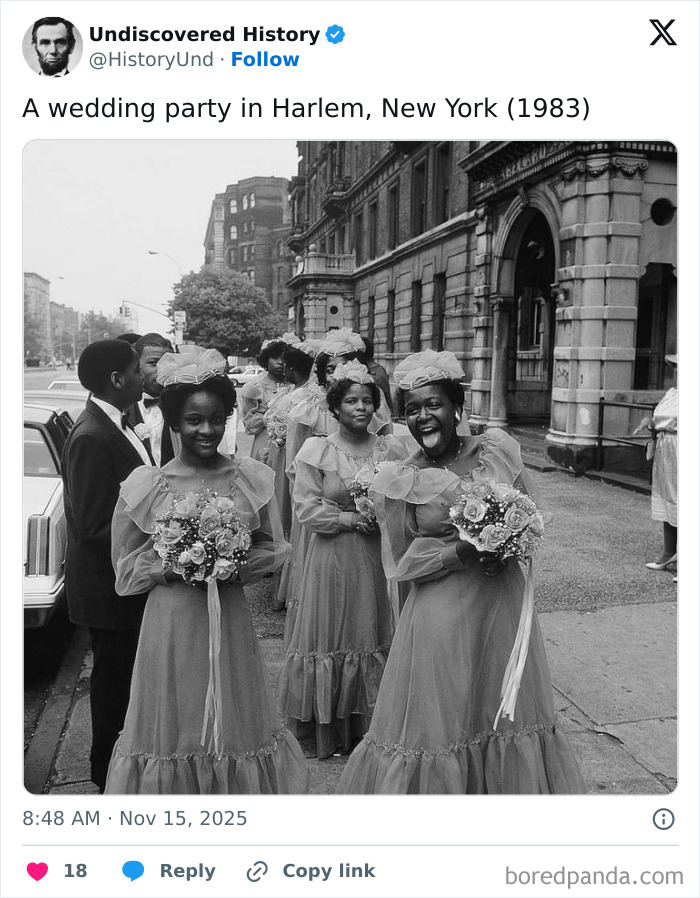 Black and white photo of bridesmaids smiling and holding bouquets during a wedding in Harlem, capturing moments lost to time.
