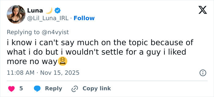 Screenshot of a Twitter reply expressing reluctance to settle in dating, related to Millie Bobby Brown and Jake Bongiovi.