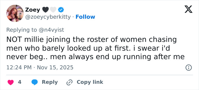 Tweet reacting to Millie Bobby Brown&rsquo;s story about how she started dating Jake Bongiovi, with fans sharing strong opinions.